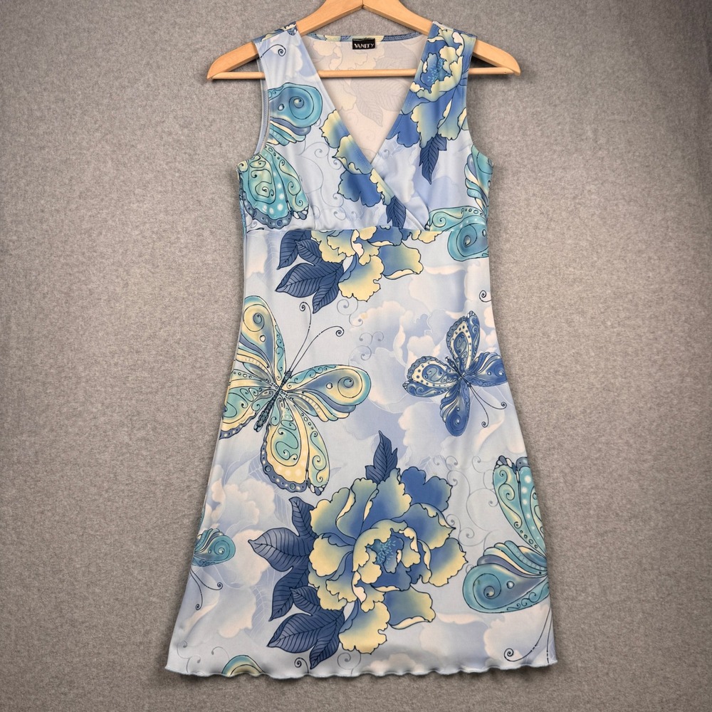 Vintage Y2K Dress Womens Medium Blue Butterfly Floral Vanity Lettuce Hem Fairy